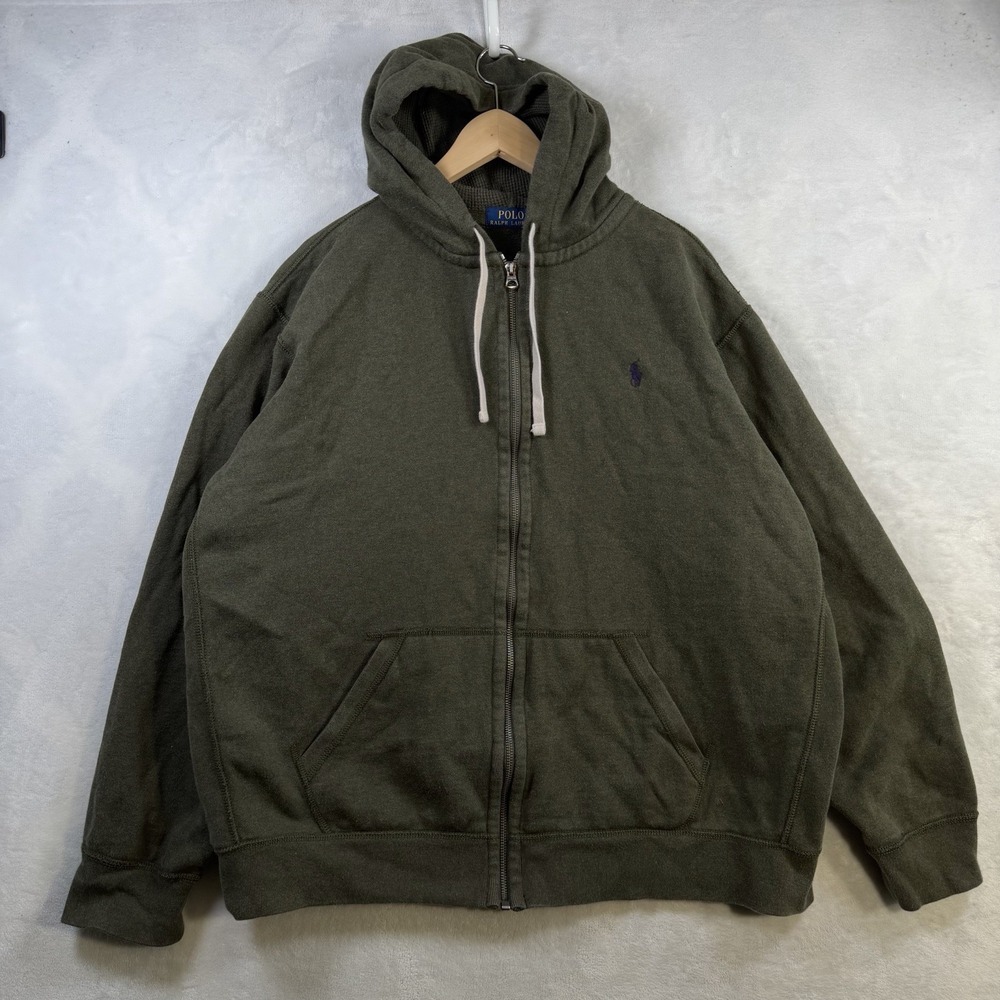 Polo Ralph Lauren Full Zip Hoodie Mens 2XL  Green Waffle Thermal Double Knit